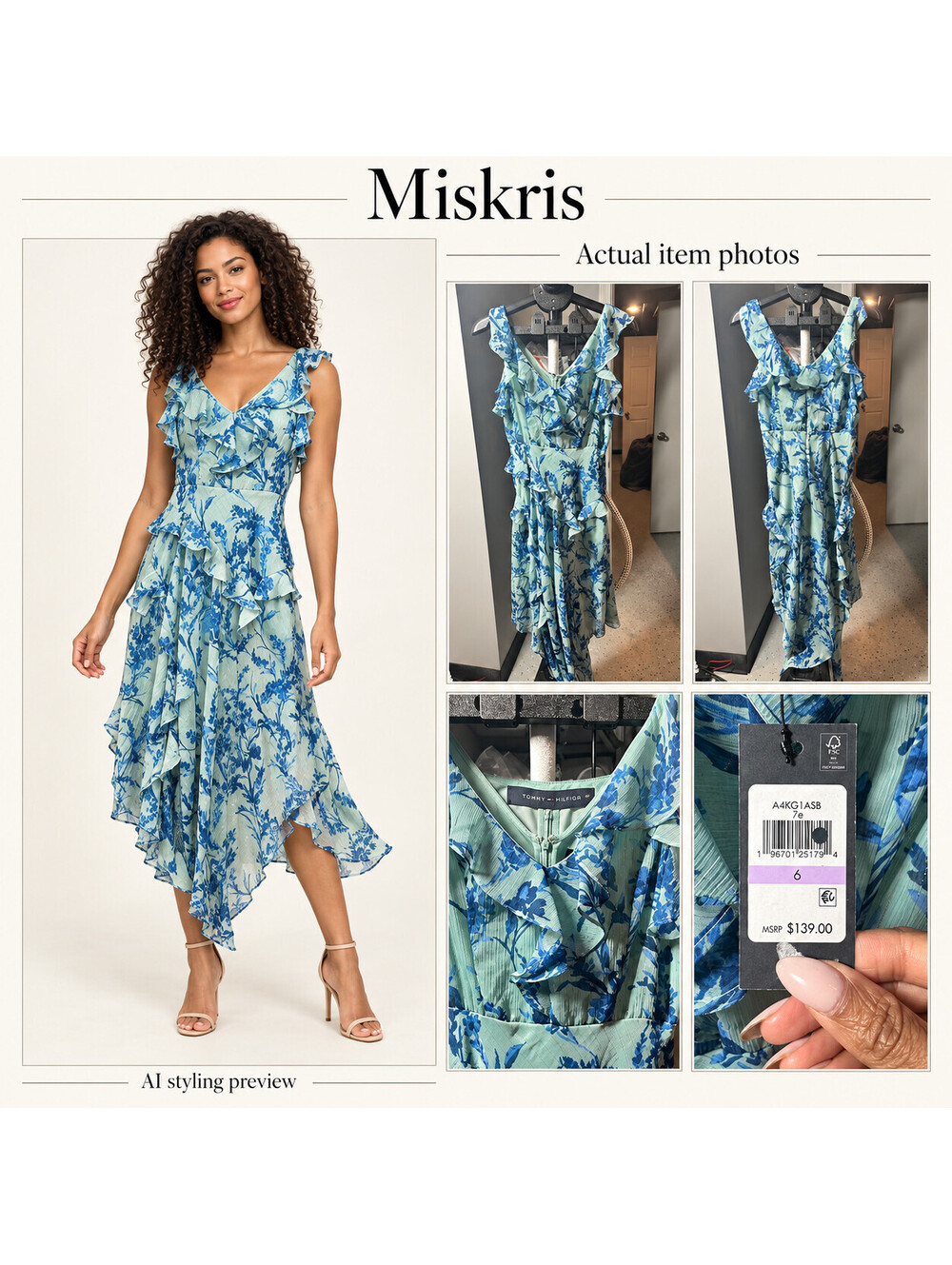 NWT Tommy Hilfiger Dress 6 Blue Green Floral Chiffon Ruffle Asymmetric Midi